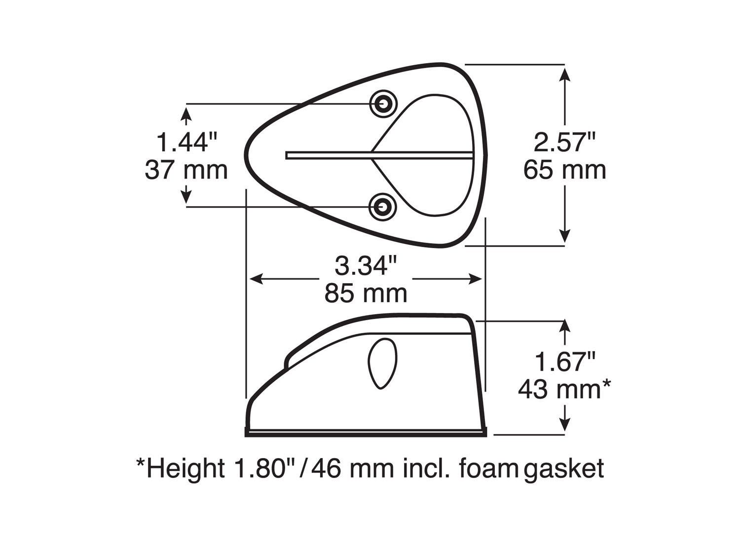 LED Cab Marker, P2, w/ .180 Bullet & Ring, 2.58 inch x 3.34 inch 12V, amber, poly bag