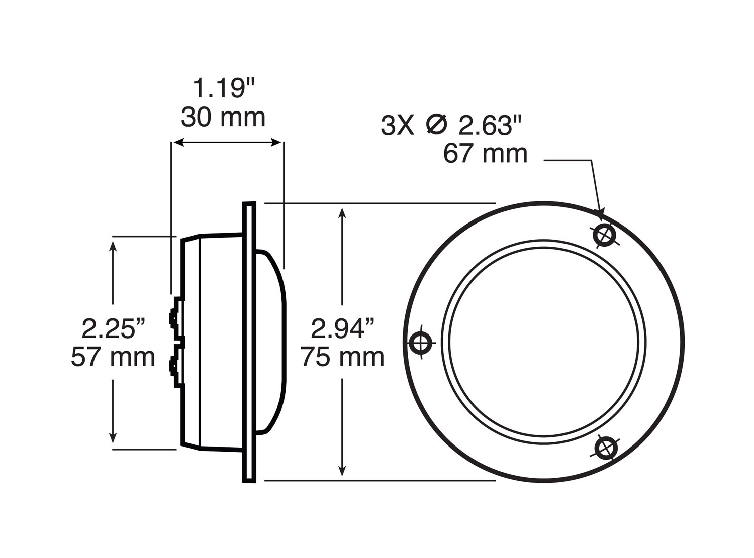 PC-Rated 2 inch Clearance & Side Marker Light; red flange; bulk pack
